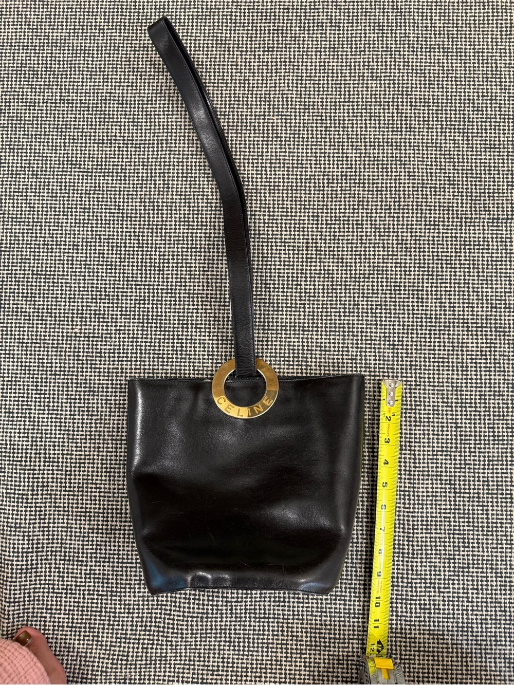 Celine Black Leather Shoulder Bag with Gold Logo O-Ring